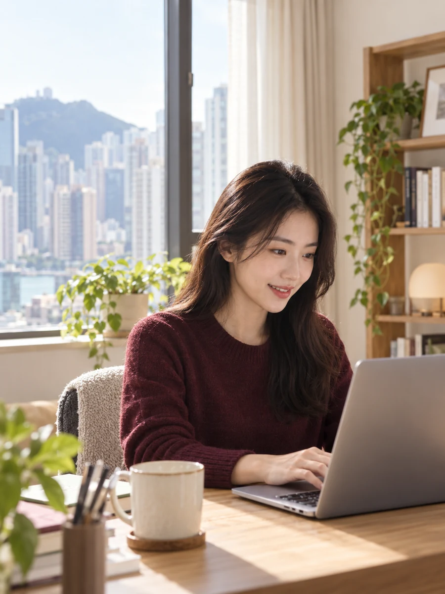 女士在明亮的香港家居書枱前使用手提電腦